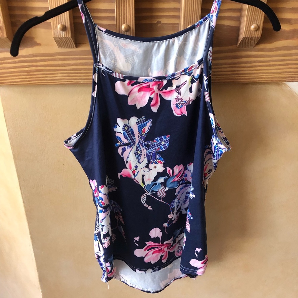 Floral Tropical Racerback Tank Top - Navy and Pink